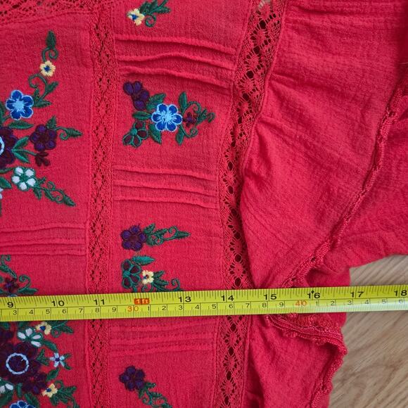 Free People Women Embroidered Ruffle Boho Top S Red Peasant Boho Prairie Western - Picture 8 of 9